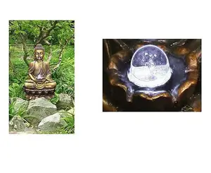 Primrose Golden Buddha Water Feature with Lights & Spinning Ball Indoor Outdoor Use H93cm