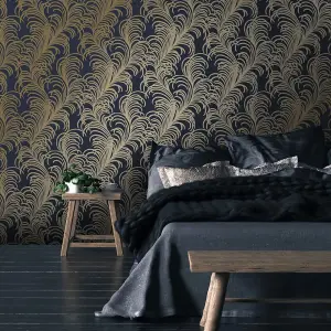 Charleston Feather Wallpaper In Navy And Gold