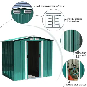 8 x 6 ft Metal Shed Garden Storage Shed Apex Roof Double Door with Base Foundation,Dark Green