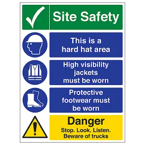 PPE Stop Look Listen Hazard Site Safety Sign Rigid Plastic 300x400mm (x3)