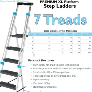 1.5m XL Platform Step Ladders 7 Tread Anti Slip Steps & Tool Tray Aluminium