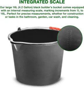 16L Black Plastic Bucket with Handles Sturdy Big Water Bucket with Measuring Scale- Ideal for for Builders Car Washes Bathroom etc