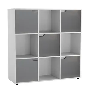 URBNLIVING 9 Cube White Wooden Bookcase Shelving Display Shelves Storage Unit Wood Shelf Grey Door