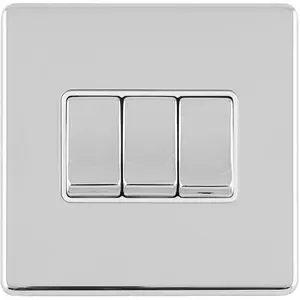 3 Gang Triple Light Switch SCREWLESS POLISHED CHROME 2 Way 10A Metal Rocker Slim