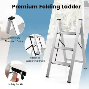 Costway 3 Step Ladder Folding Aluminum Structure Step Stool w/ Wide Anti-Slip Pedal