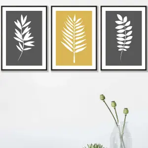 Set of 3 Grey Yellow Graphical Leaves Wall Art Prints / 30x42cm (A3) / Black Frame