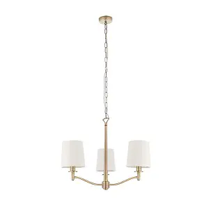 Luminosa Ortona 3 Light Multi Arm Pendant Matt Antique Brass, Vintage White Faux Silk, E14