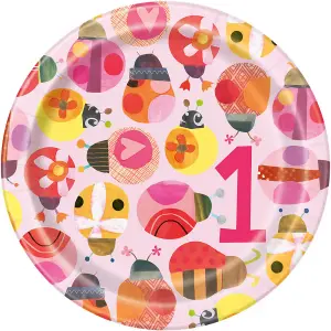 Unique Party Paper Ladybird 1st Birthday Party Plates (Pack of 8) Pink (7in)