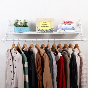 White Iron Wall Mounted Clothes Rail Clothing Hanging Rack Garment Shoe Display Shelf with Storage Shelf L 900 mm