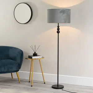 ValueLights Marissa Matt Black Stacked Ball Floor Lamp with Grey Velvet Shade - LED Bulb Included