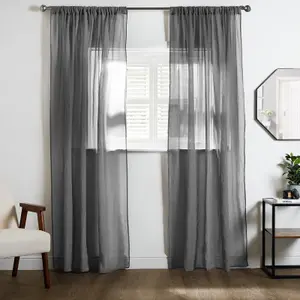 Linen Look Voile Curtains 2 Panels Net Rod Slot Top Pair 55x87", Charcoal