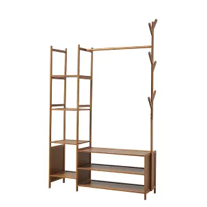 Bamboo Clothes Rail Clothing Hanging Stand Garment Rack with 2 Open Shoe Rack and 4 Shelves