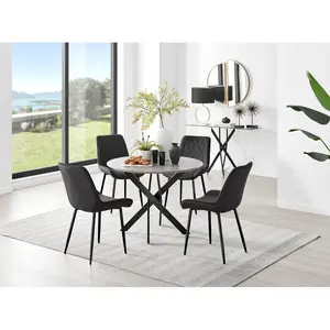 Tierra Modern Chrome Metal & Glass Round Dining Table Set with 4 Luxury Velvet Dining Chairs Black / Blue/Silver / 75 x 100 x 100cm