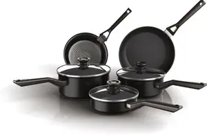 Ninja ZEROSTICK Classic 5-Piece Pan Set [CW55000UK] Aluminium Cookware, Induction Compatible, Dishwasher Safe, Oven Safe To 180°C, Glass Lids, Black