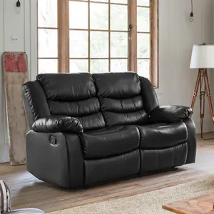 Brooklyn 155cm Wide Black 2 Seat Bonded Leather Reclining Sofa with Waterfall Back Design