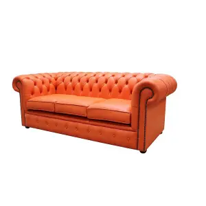 Chesterfield 3 Seater Shelly Flamenco Orange Real Leather Sofa Bespoke In Classic Style