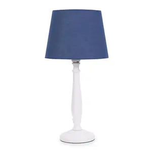 ValueLights Victoria Traditional White Wood Candlestick Table Lamp with Navy Blue Tapered Shade