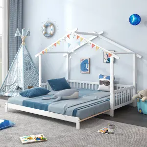 COSTWAY Single to Double Kids Bed Frame Wooden Extendable House Bed w/ Roof Frame