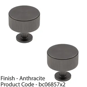 2 PACK - Lined Reeded Radio Door Knob - 35mm - Anthracite Grey Round Cabinet Pull Handle