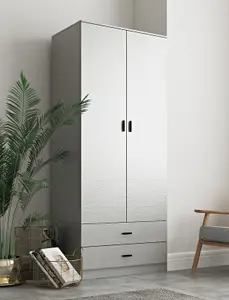 URBNLIVING 180cm Tall Wooden 2 Door Wardrobe Grey Set Drawers With 2 Drawers Bedroom Storage Hanging Bar Clothes