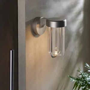 Brushed Silver Outdoor Wall Light with Glass Shade - IP44 Rated - Integrated LED