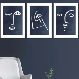 Set of 3 Navy and White Abstract Line Art Faces Wall Art Prints / 42x59cm (A2) / White Frame