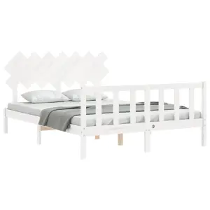 Berkfield Bed Frame with Headboard White King Size Solid Wood