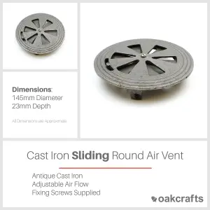 Oakcrafts - Antique Cast Iron Adjustable Sliding Round Air Vent - 150mm