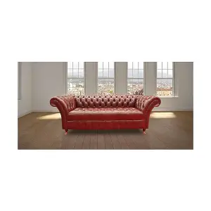 Chesterfield 3 Seater Old English Chestnut Leather Buttoned Seat Sofa In Balmoral Style