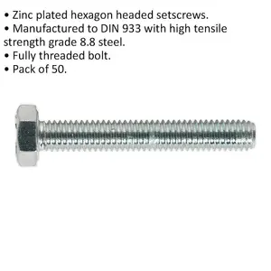 50 Pack M6 x 40mm Grade 8.8 Zinc Setscrews - Fully Threaded DIN 933