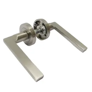 UNO Door Handle Lock Key Set Modern Satin Nickel Lever on Rose Internal Escutcheon Pack