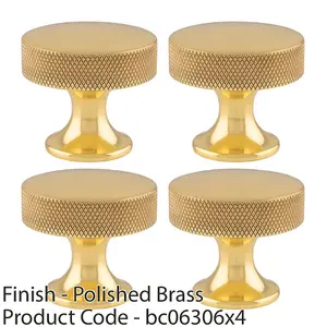 4 PACK - Knurled Flared Stem Cabinet Door Knob - 38mm Polished Brass Cupboard Pull Handle