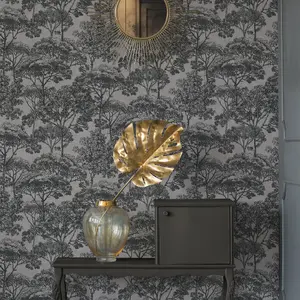 Galerie Havana Greige Black Tree Motif Textured Wallpaper