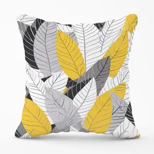 Yellow Grey Feather Leaves Outdoor Cushion 45cm x 45cm