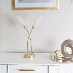 ValueLights Maya 2 Way Curved Arm Cross Over Brushed Gold Table Lamp for Living Room Hallway Bedside Light