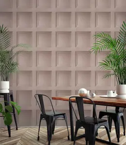 Blush Pink Wooden Panel 3D Effect Realistic Square Panelling Flat Wallpaper