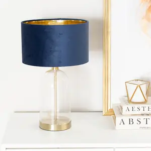 ValueLights Jessy Glass with Gold Trim Table Lamp with Navy Blue Velvet with Gold Inner Lamp Shade and LED Bulb