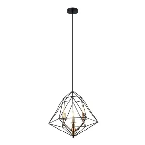 Luminosa Industrial And Retro Hanging Pendant Black, Gold 3 Light  with Black Shade, E14 Dimmable