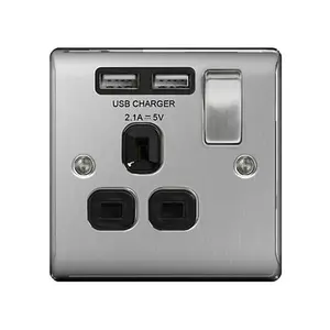 BG Nexus Single Switched Socket Dual USB-A 1 Gang 13A Brushed Steel - NBS21U2B