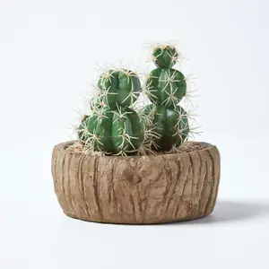 Homescapes Echinocactus Artificial Cactus in Round Wooden Planter, 15 cm Tall