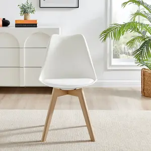 Stolm Bright Moulded Plastic Dining Chair with Wooden Legs and Foam Cushion Seat (Set of 2) White