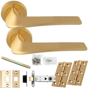 Door Handle & Latch Pack - Satin Brass - Modern Twist Lever On Round Rose