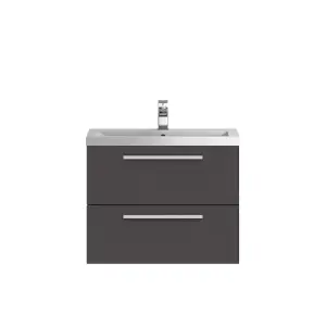 Wall Hung 2 Drawer Vanity Unit with Polymarble Basin, 720mm - Gloss Grey