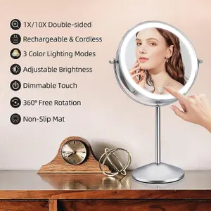 Fascinate Rechargeable 20cm Lighted Makeup Mirror with 3 Colour Lights, 1x/10x Magnification, Touch Dimming, 360 degrees Rotation