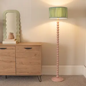 ValueLights Bobbins Painted Rose Floor Lamp with Ruched Pleated Green Drum Shade and LED Bulb