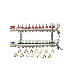 11 Ports Water Underfloor Heating Manifold with 15mm Pipe Connections, 1 inch Ball Valves, Automatic Air Vent & Pressure Gauge