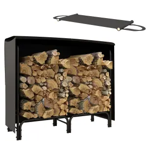 Outsunny 4FT Firewood Rack Holder W/ Canvas Carrier and Oxford Cover, Black