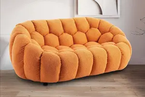 2 Seater Loveseat Small Sofa in Orange Teddy Boucle Fabric