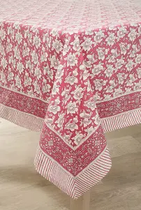 Pink Round Cotton Tablecloth - Machine Washable Indian Hand Printed Floral Design Table Cover - Measures 178cm Diameter