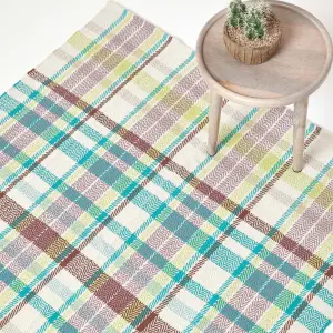 Homescapes Wilson Handwoven Blue, Yellow and Brown Tartan 100% Cotton Rug, 120 x 170 cm